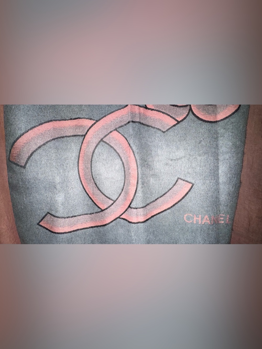 Vintage Chanel Cashmere/Silk Blend CC Logo Camellia Wrap in Grey/Pink 72”x26” - Picture 15 of 15
